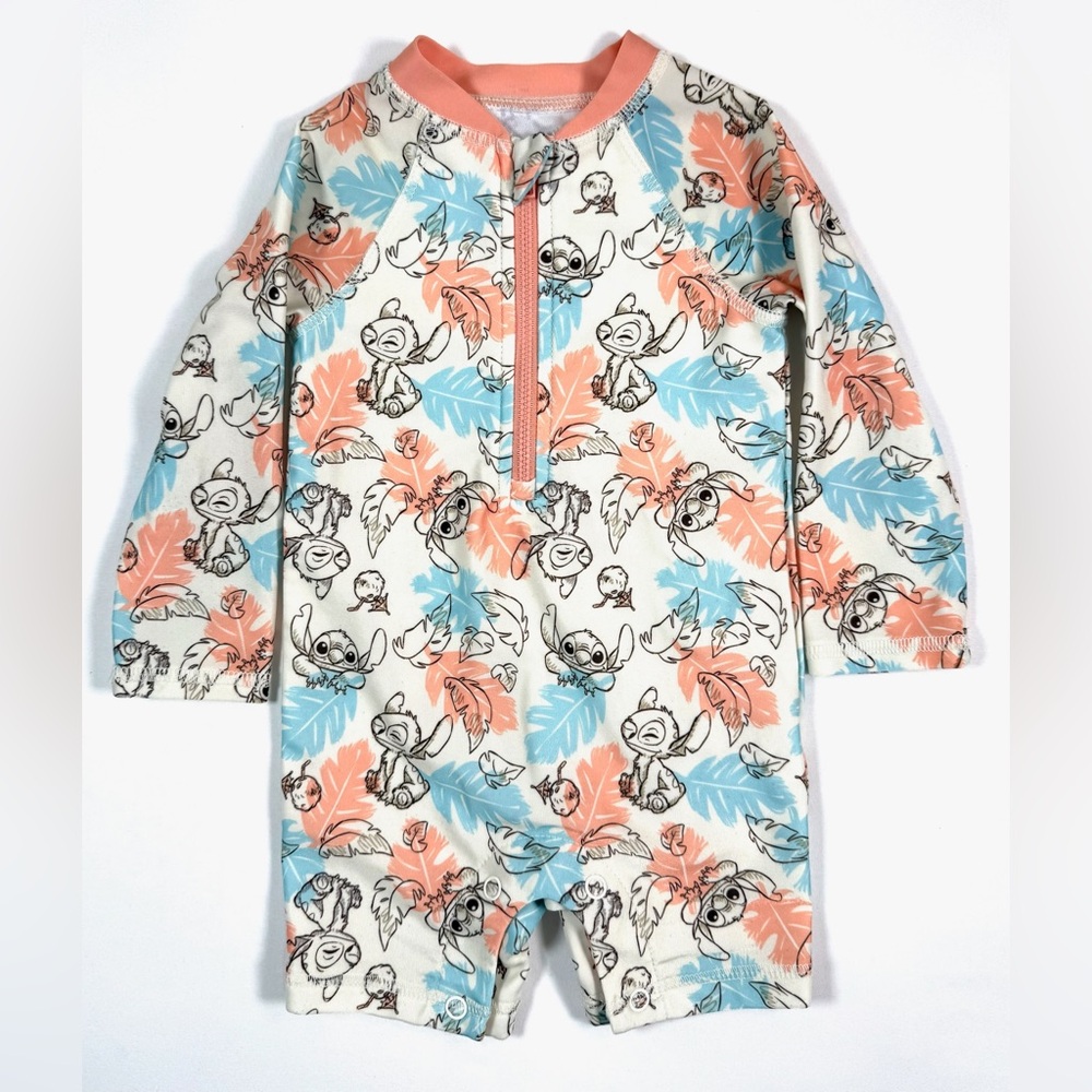 DISNEY Stitch Infant Swim Romper Tropical Print‎ Long Sleeve Zip Front Size 12M
